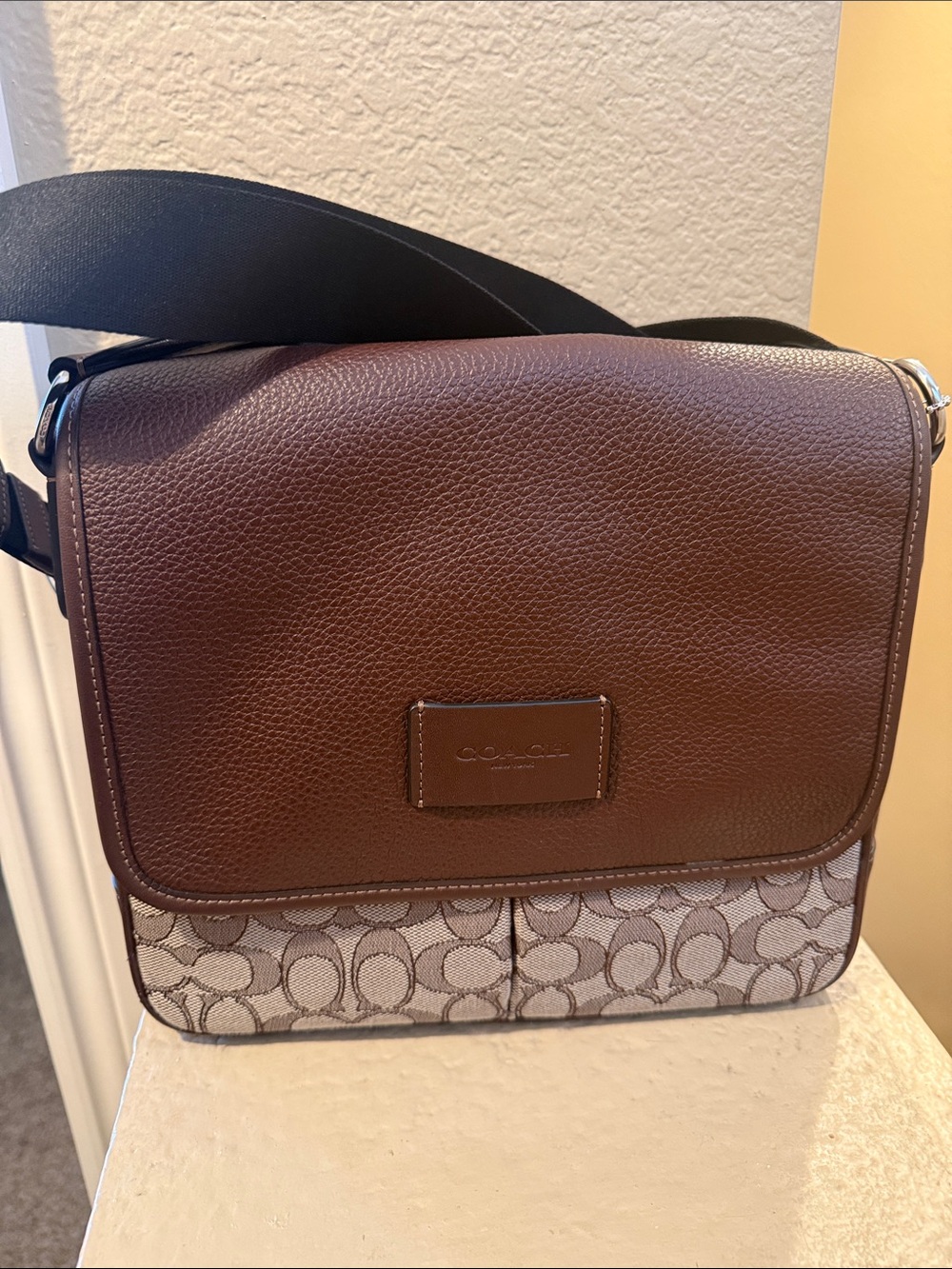 Coach Brown Leather & Signature Canvas Messenger Bag with Black Strap